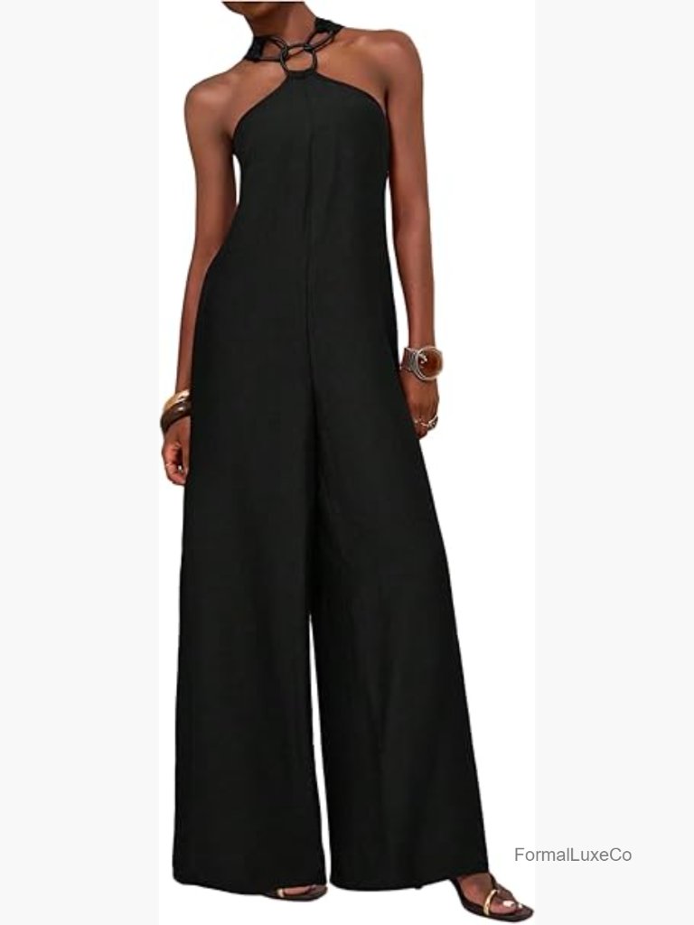 Sleeveless Halter Jumpsuit With Tie Back Wide Leg Dressy